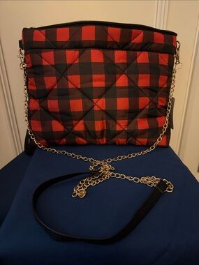 Quilted Red and Black Plaid Crossbody Bag with Gold Chain
